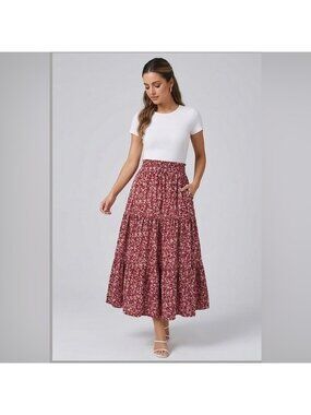 Red Boho Floral Print Tiered Ruched Skirt